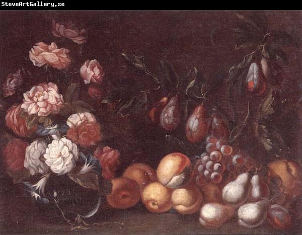 unknow artist Still life of Roses and convulvuli in a Glass vase,Together with peaches,grapes,pears and plums